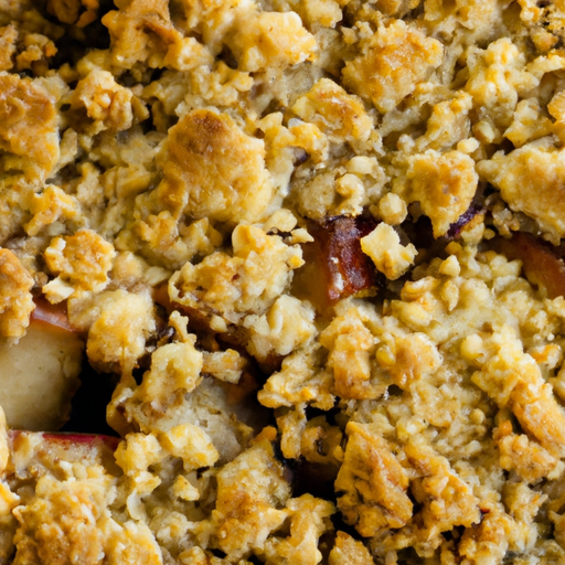 A close-up of a Dutch apple crumble pie showing the crumbly streusel topping on a bed of sliced apples.