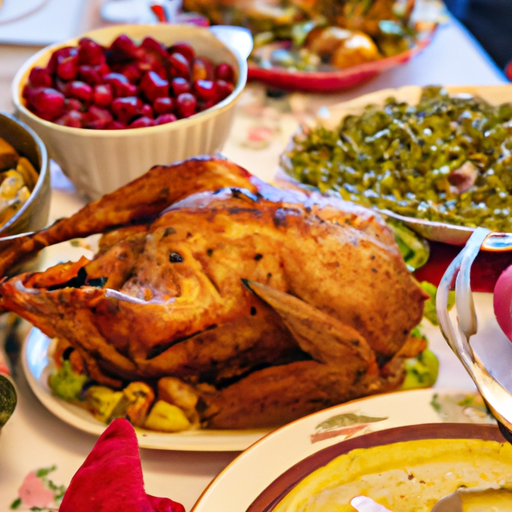 A festive Thanksgiving table spread with a variety of dishes, including a succulent turkey.